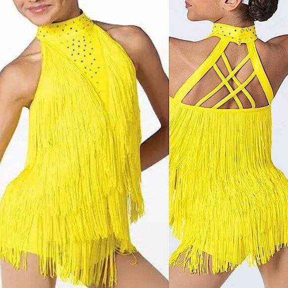 Weissman Dance costume yellow sassy fringe dress Spice Up Your Life 14130 XLC - Picture 1 of 13